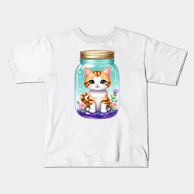 Cute Cat With Beautiful Flowers In Mason Jar Kids T-Shirt by HappyDigitalPOD